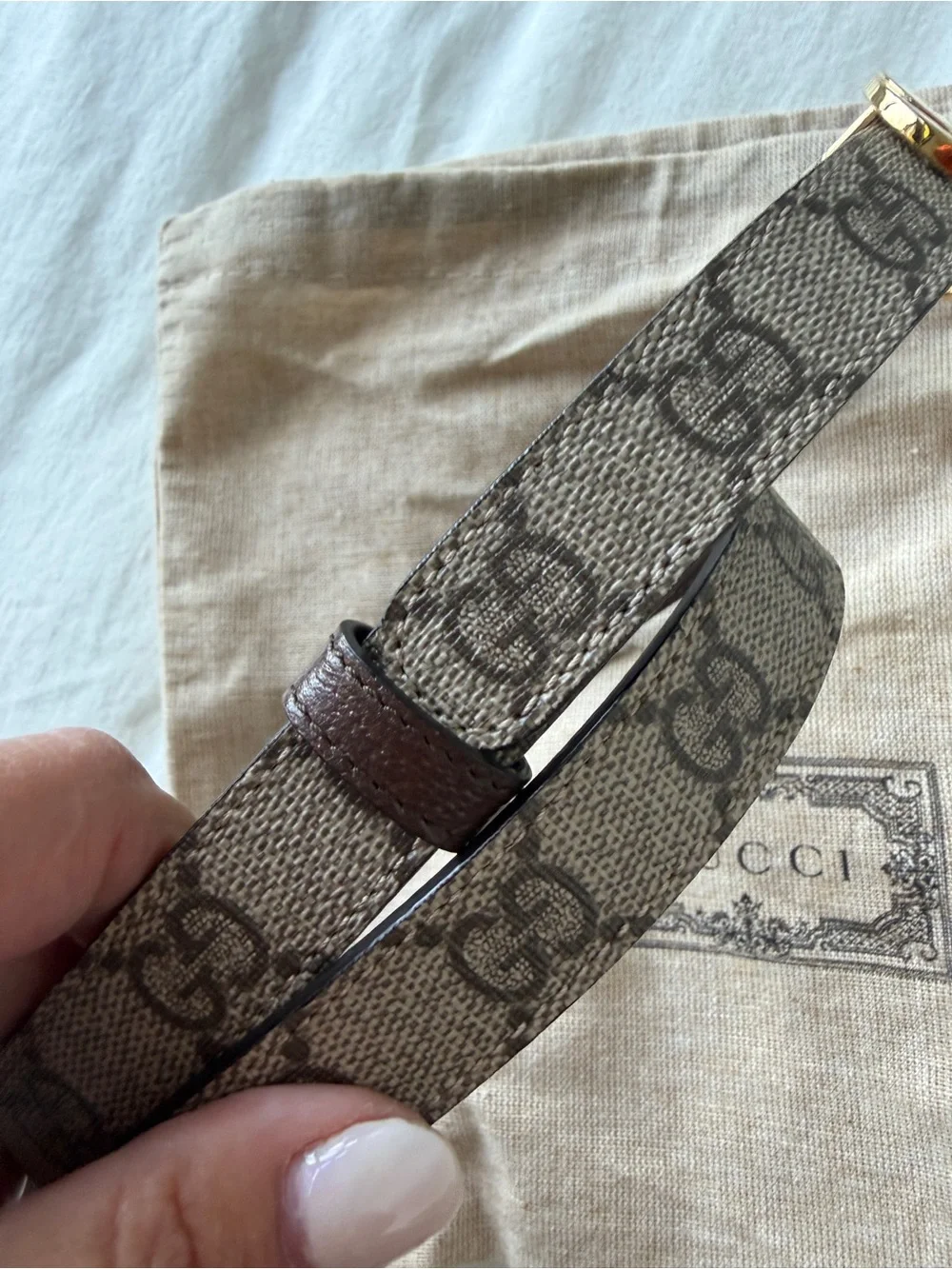 Gucci GG Supreme Belt with Gold Interlocking G Buckle in Beige and Brown